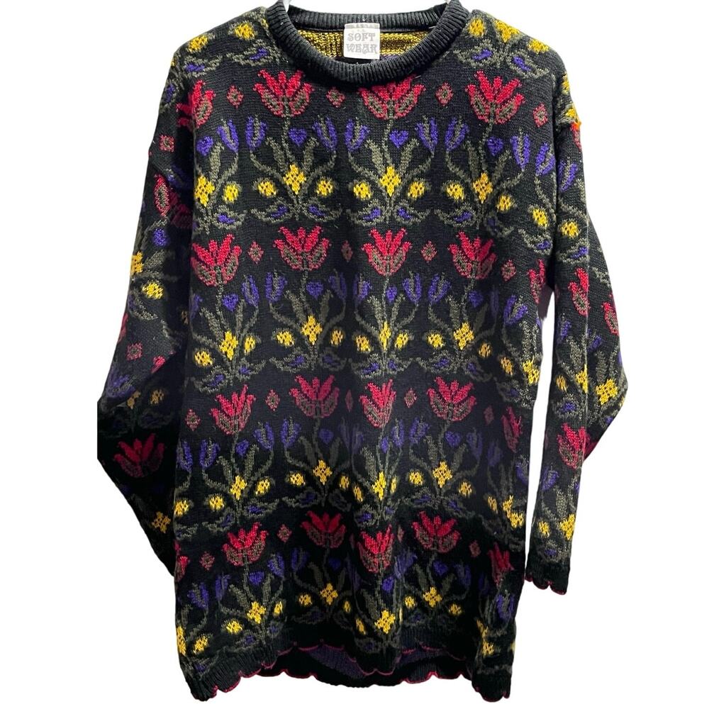 Soft‎ Wear Vintage England Heavy Chunky Knit Multi Color Floral Scallop Sweater